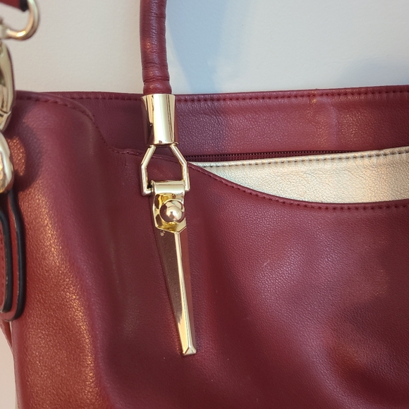 Foxer Red Gold Leather Shoulder Bag Large Tote Purse Handbag Satchel 2 Handle - Picture 11 of 15
